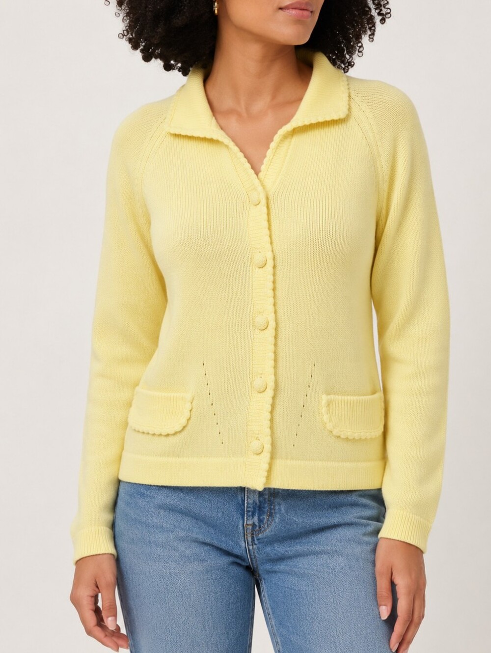 Vintage Lady International Yellow Knit Cardigan Size 36 Retro Collared Sweater